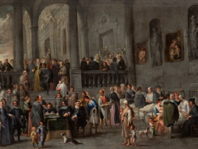 Visit the sick.  A view of old Pammatone Hospital by Cornelis de Wael (circa 1640)